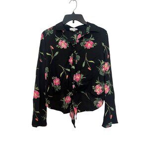 Ten Sixty Sherman Black Floral Tie-Front Long Sleeve Womens Blouse Size S
